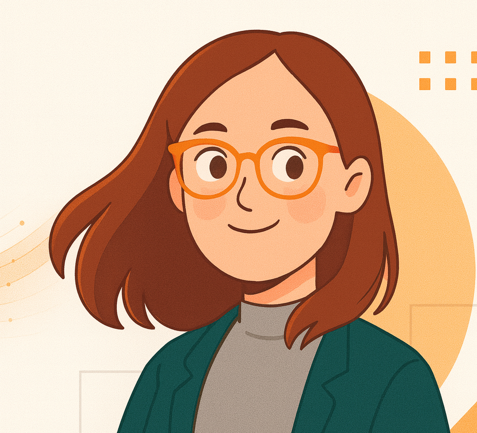 Illustrated portrait of Susannah Shattuck — red hair, orange glasses, teal blazer